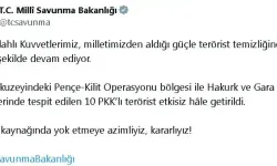 Milli Savunma Bakanlığı: Irak’ın Kuzeyinde 10 PKK’lı Terörist Etkisiz Hale Getirildi