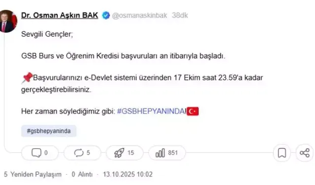 GSB 2025-2026 Burs ve Kredi Başvuruları Başladı: Son Tarih 17 Ekim