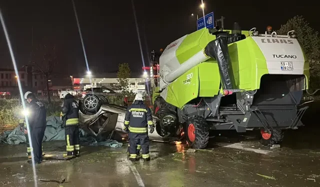 Otomobil Takla Atıp Biçerdövere Çarptı, Sürücü Ağır Yaralı
