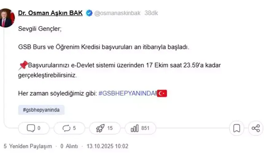 GSB 2025-2026 Burs ve Kredi Başvuruları Başladı: Son Tarih 17 Ekim